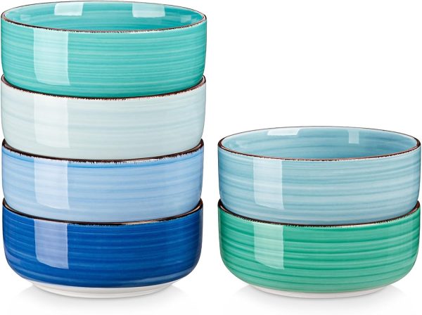 Cereal Bowls Set of 6, 24 Oz Ceramic Bowls for Kitchen, Dishwasher & Microwave Safe Bowls for Soup, Cereal, Dessert, Fruit, Blue Colored Bowl Set