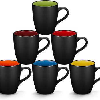 6 Pack Porcelain Coffee Mugs Set, 12 Ounces Ceramic Coffee Mugs, Matte Black Coffee Mug, Restaurant Coffee Cups for Coffee, Tea, Cappuccino, Cocoa, Cereal, Black outside and Colorful inside