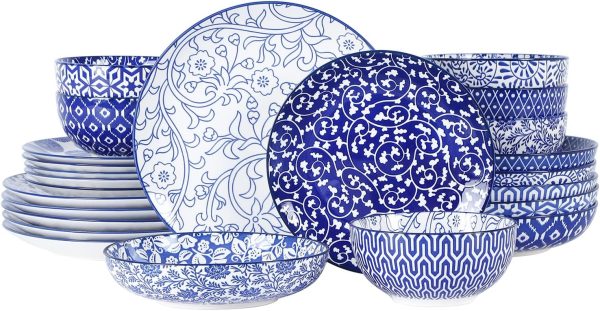 Ceramic Dinnerware Sets for 6, 24 Piece Plates and Bowls Sets, Highly Chip and Crack Resistant Dishes Set-Dishwasher & Microwave & Oven Safe, Vintage Blue