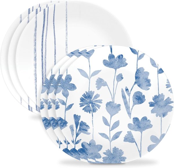 6-Piece 8.5"  Glass Lunch Plates Lightweight, Scratch Resistant - Botanical Stripes