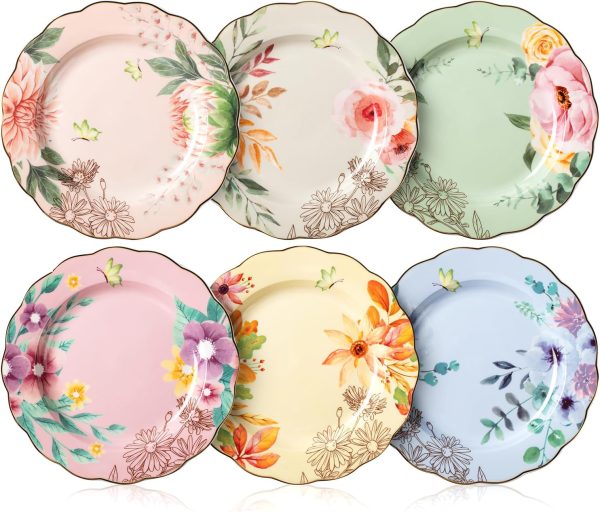 Porcelain Floral Plates, 8 inch, Set of 6, Royal Dessert Plates, Appetizer Plates, Floral Plates, Salad Plates, Small Plates, Small Plates Set, Small Dishes, Dinnerware
