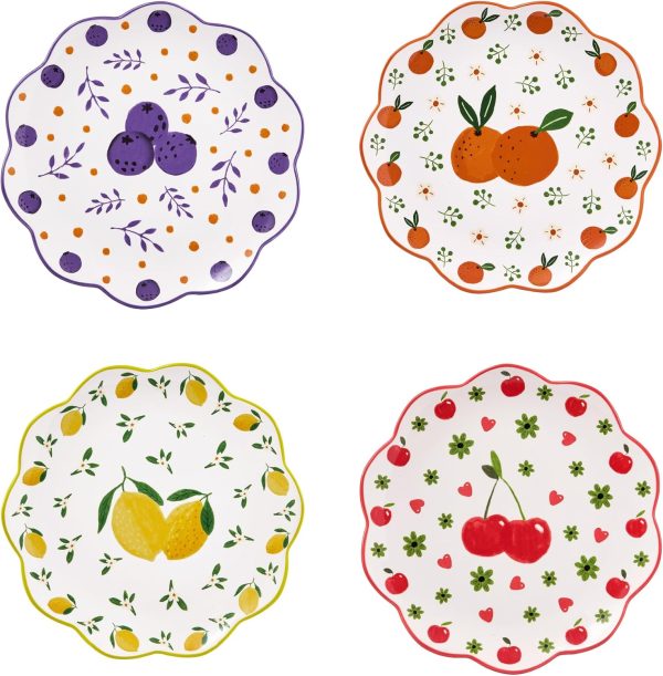Scalloped Salad Plates Set of 4, 8.75 Inch Ceramic Dessert Plates for Salad, Appetizer, Side Dishes, Microwave and Dishwasher Safe, Gift for Housewarming and Thanksgiving
