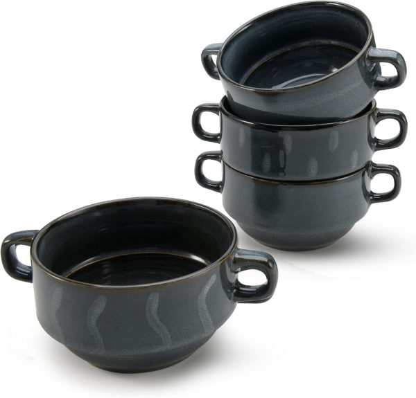 Soup Bowls with Handles | Set of 4 | 16-Oz Glazed French Onion Soup Bowl | Stackable Serving Bowls for Stew, Pasta, Chili | Stoneware, Dishwasher & Oven Safe (Assorted Blue)