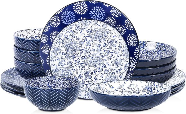 Dinnerware Sets 16 Piece, Ceramic Plates and Bowls Set, Embossed Dishes Set for 4, Housewarming, Blue