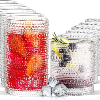Drinking Glasses Set of 12, 11.8 oz Vintage Glasses Drinking Set & 10 oz Cocktail Glasses Set, Embossed Glass Cups for Kitchen, Beer, Juice, Cocktail, Whiskey, Milk