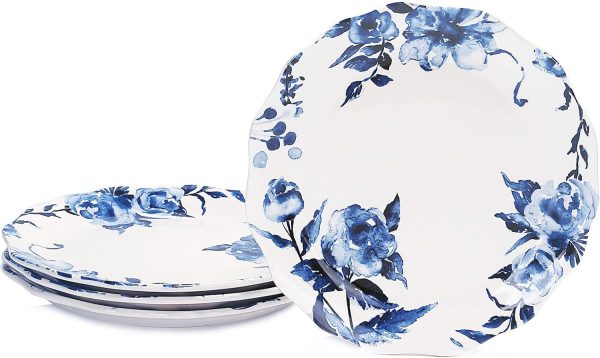 Watercolor Blue Flower Scalloped Dinner Plates, Ceramic, 11 inch, Set of 4, for Pasta, Salad, Maincourse, Microwave & Dishwasher Safe