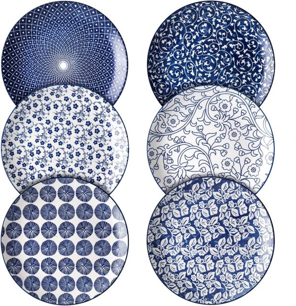 10 inch Porcelain Dinner Plates, Large Size Ceramic Plates for Salad, Pancakes, Scratch Resistant, Microwave, Oven and Dishwasher Safe Plates Set of 6, Vintage Blue